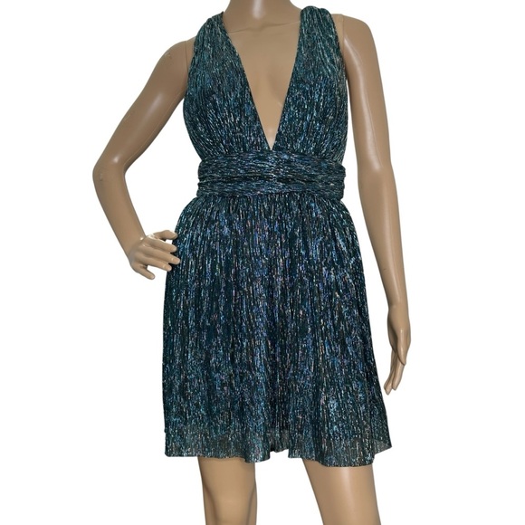 Lulus Metallic Stripe Twist Back Cocktail Dress In Gold/ Teal Small - Picture 1 of 7